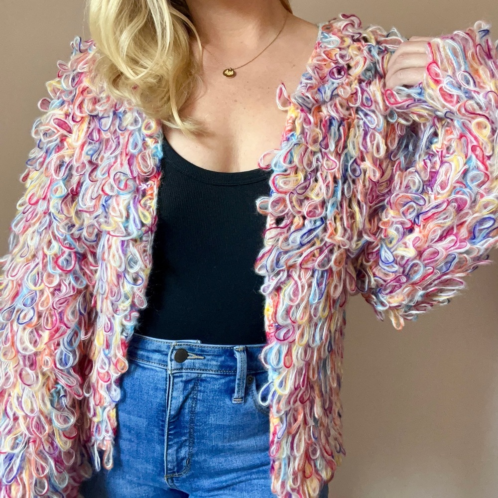 🏷️ SOLD Hayden Multi Color Fringe Yarn Loop Sweater Jacket - Picture 1 of 16